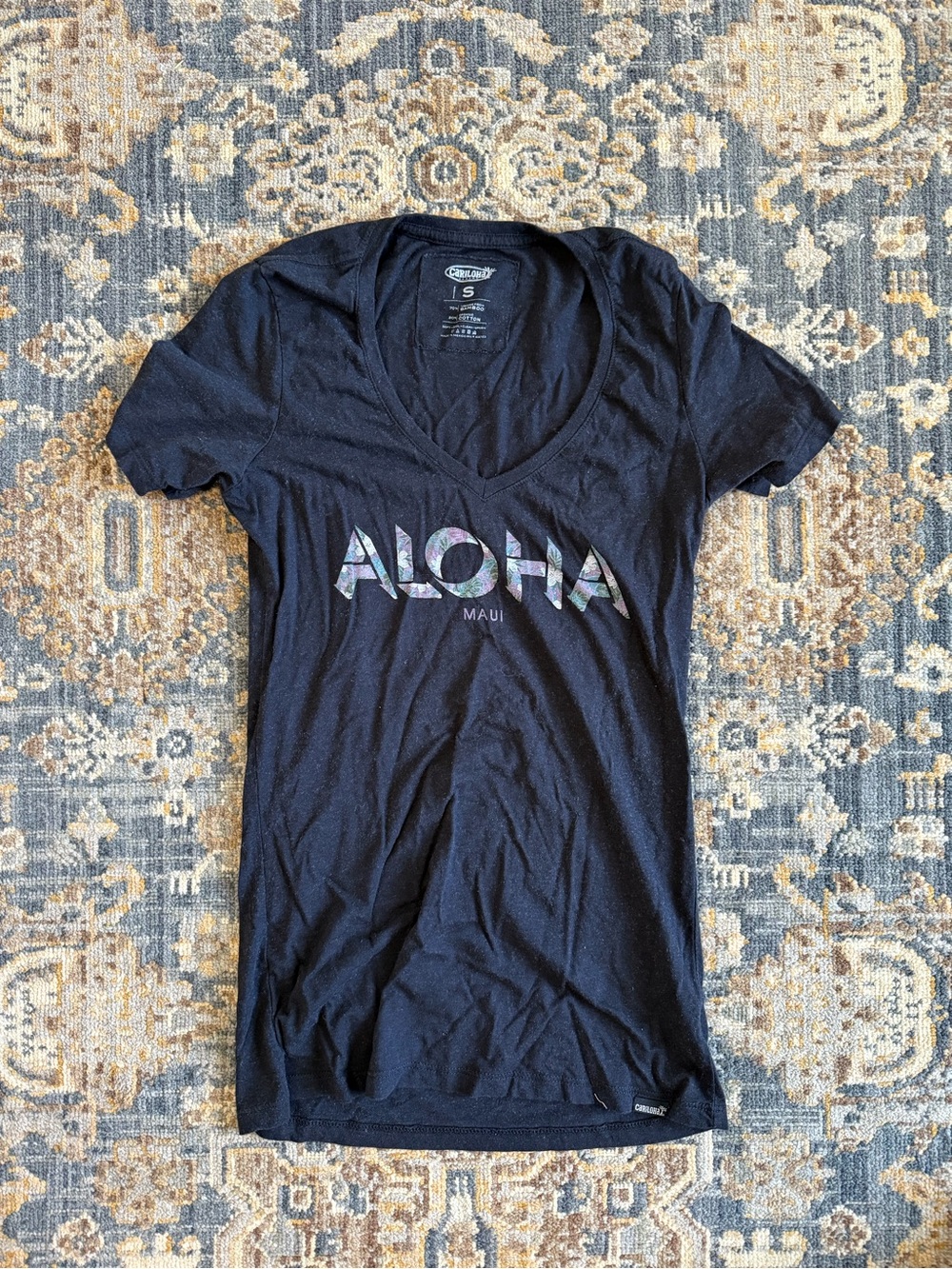 Cariloha Women's Black Aloha V-Neck Short Sleeve Tee